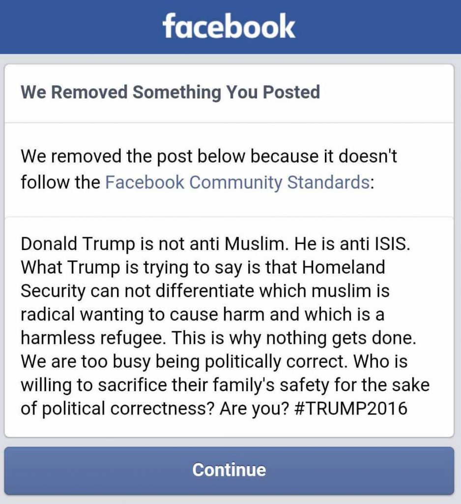 An example of Facebook deleting a post that was actually not hate speech in any way.